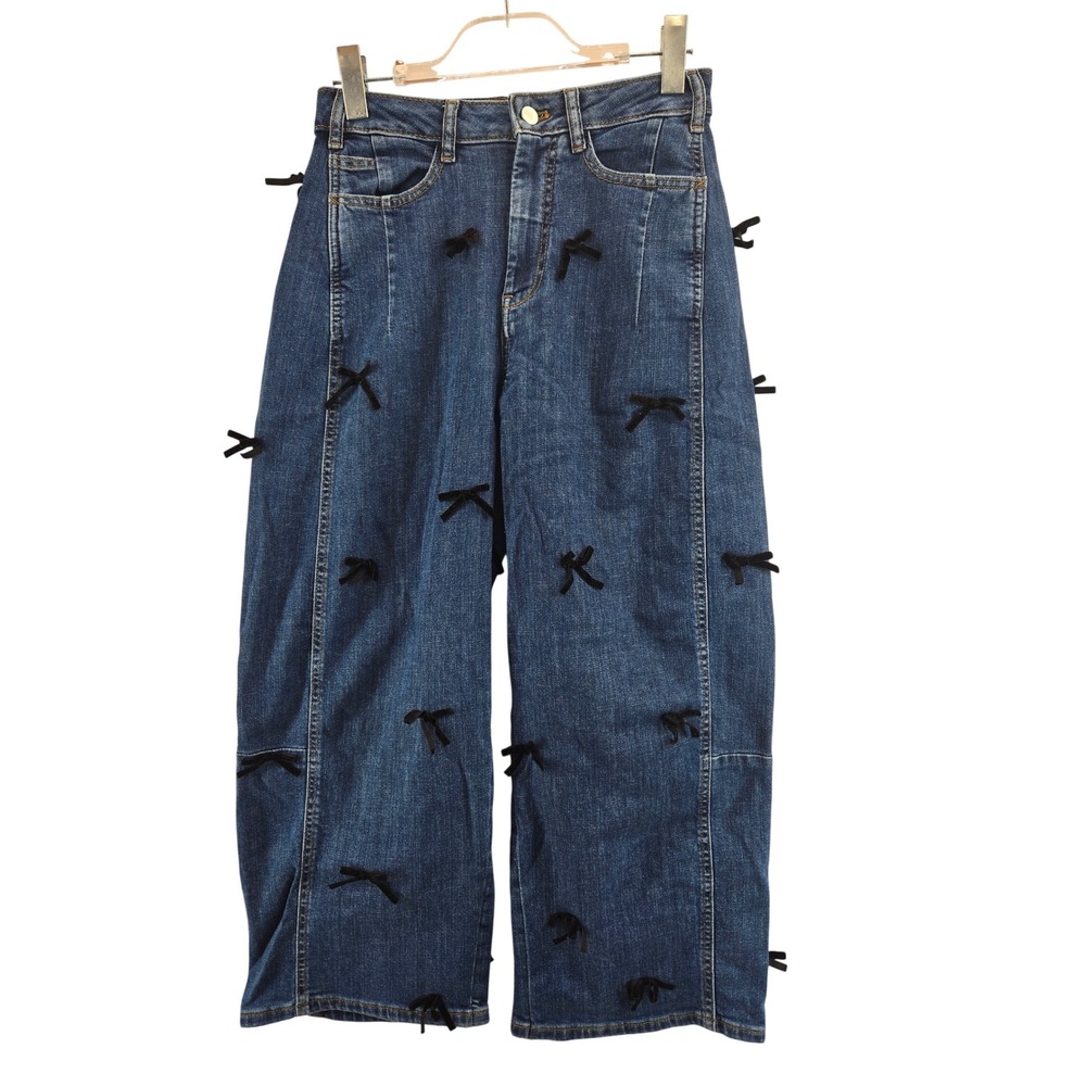 Pilcro Anthropologie Heritage Barrel Jeans 25 Blue Bow Applique Mid Rise Cropped - Picture 3 of 14